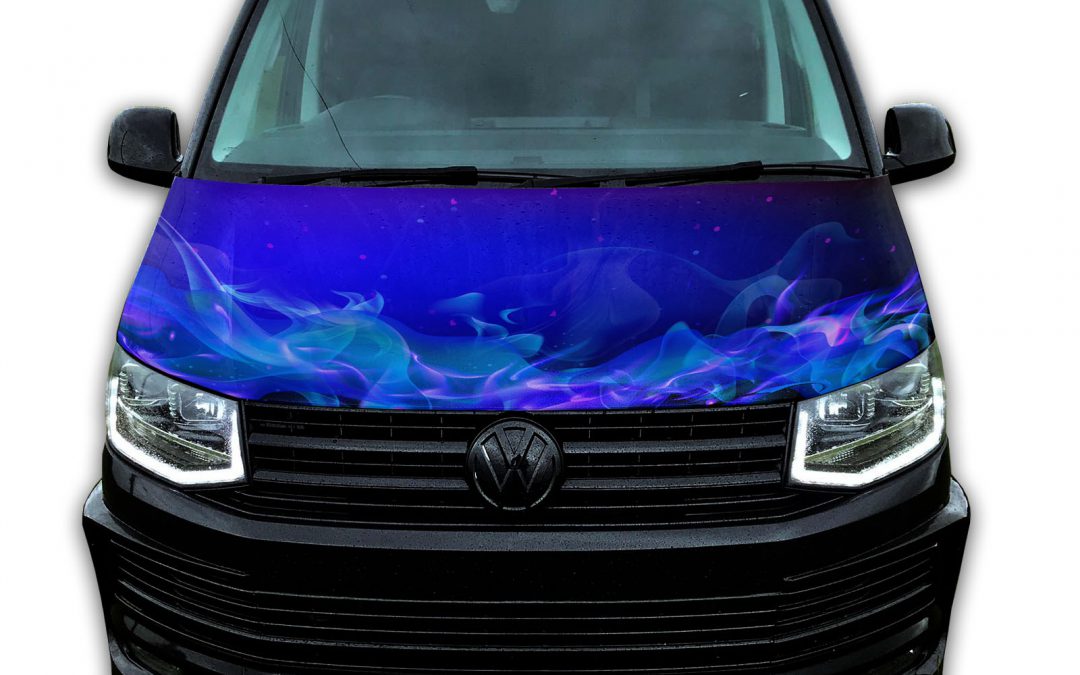 Bonnet vinyl wrap for VW T4 T5 T6 Blue flame graphic sticker ready to apply. Gloss laminated