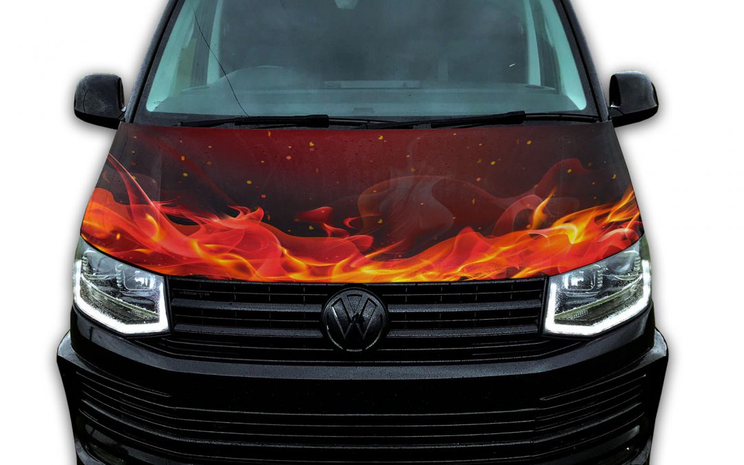 Bonnet vinyl wrap for VW T4 T5 T6 Orange flame graphic sticker ready to apply. Gloss laminated