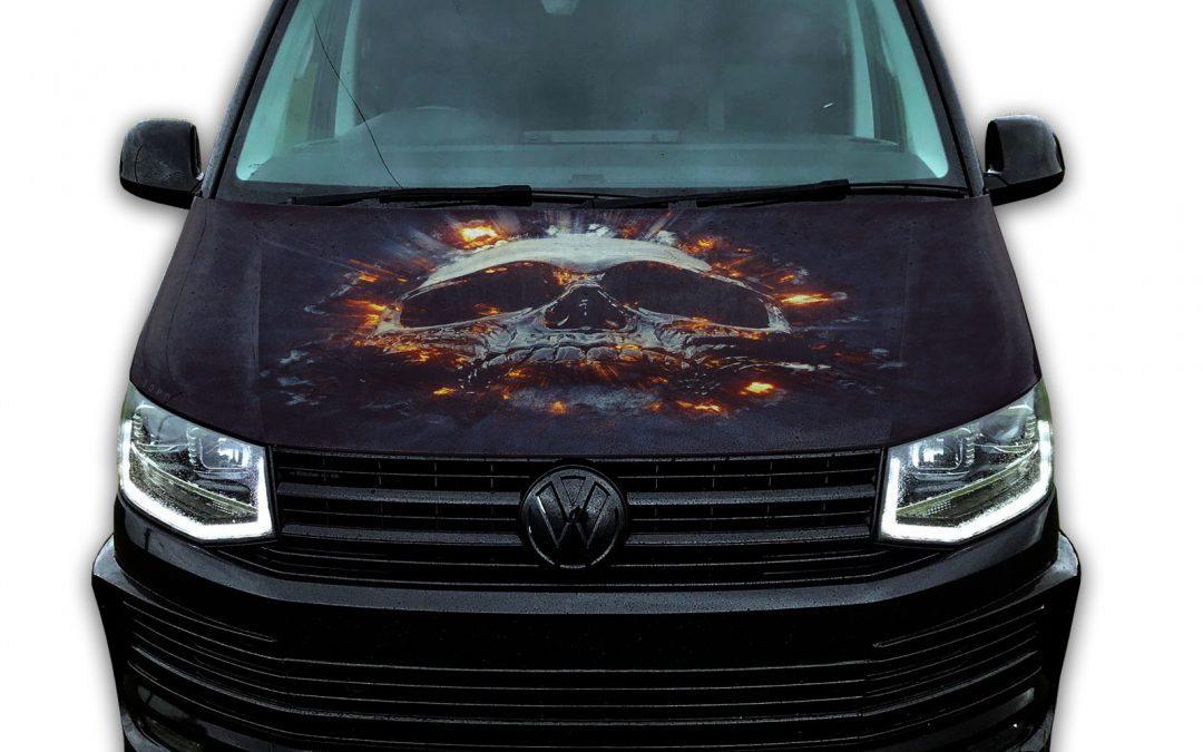 Bonnet vinyl wrap for VW T4 T5 T6 Skull Fire graphic sticker ready to apply. Gloss laminated