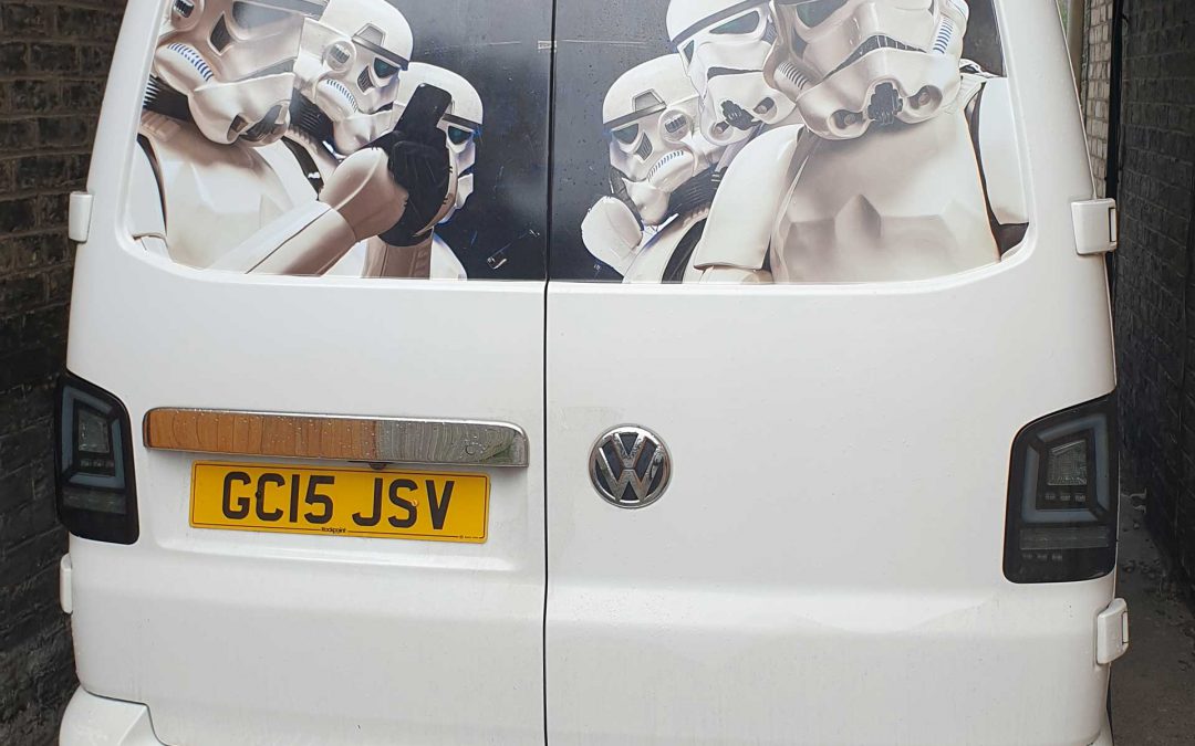 VW T4 T5 T6 Stormtrooper back window panel graphic sticker ready to apply. Gloss laminated