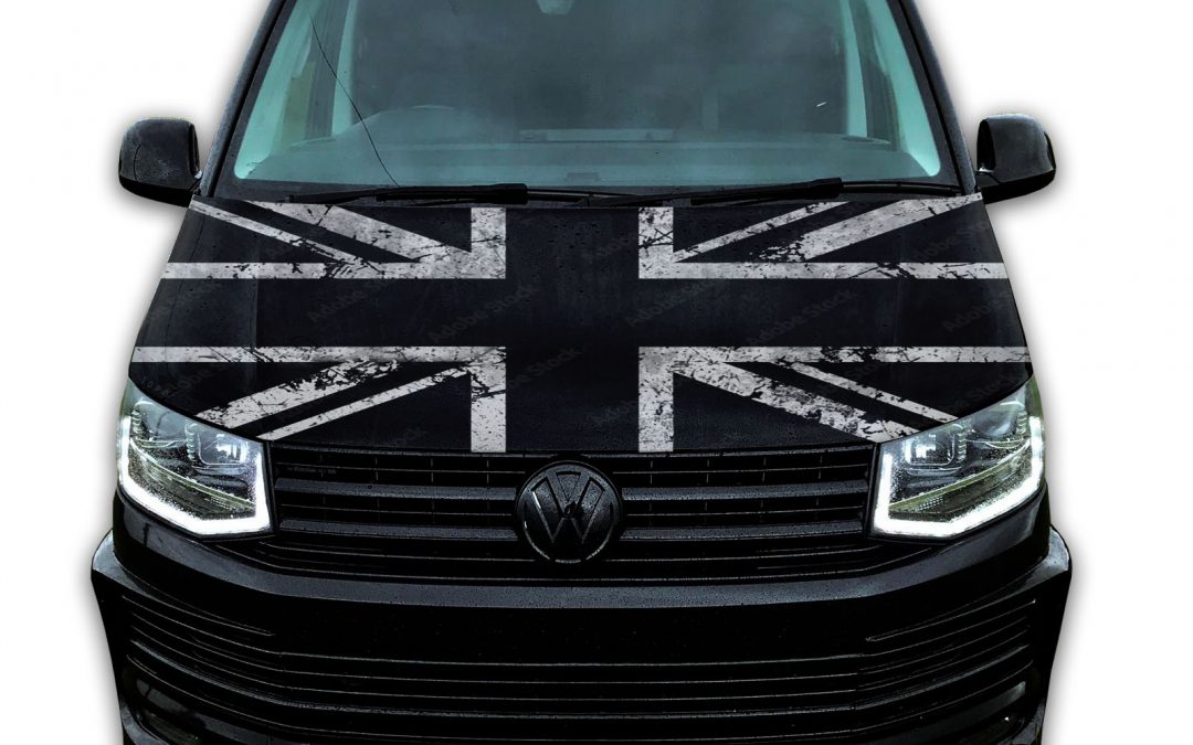 Bonnet vinyl wrap for VW T4 T5 T6 Union Jack black graphic sticker ready to apply. Gloss laminated
