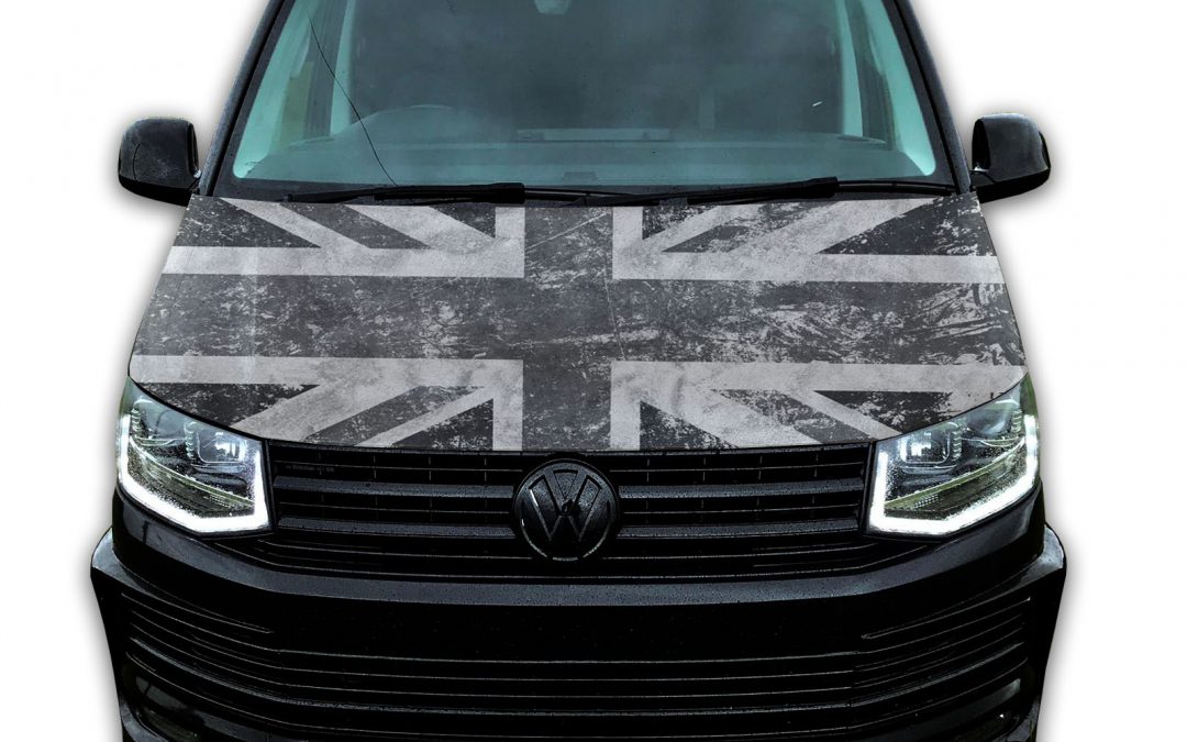 Bonnet vinyl wrap for VW T4 T5 T6 Union Jack grey graphic sticker ready to apply. Gloss laminated