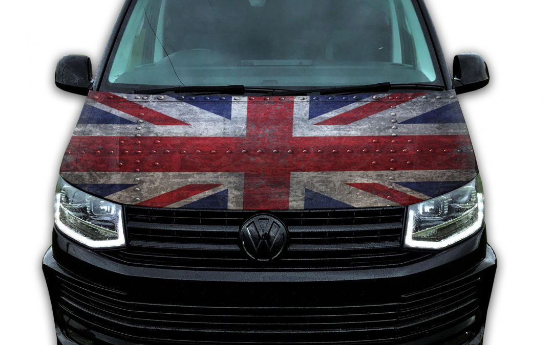 Bonnet vinyl wrap for VW T4 T5 T6 Union Jack Metal Colour graphic sticker ready to apply. Gloss laminated