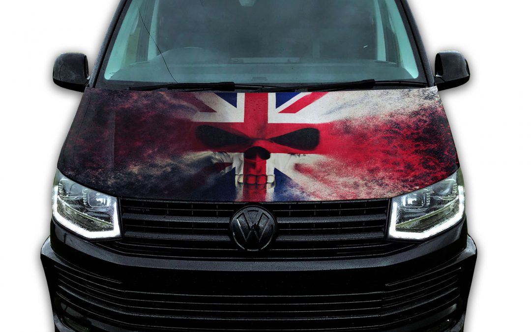 Bonnet vinyl wrap for VW T4 T5 T6 Union Jack skull graphic sticker ready to apply. Gloss laminated